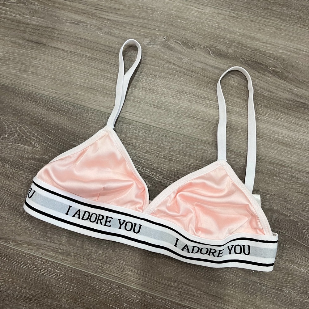 NWOT Pop underwear satin I Adore You pink triangle bralette